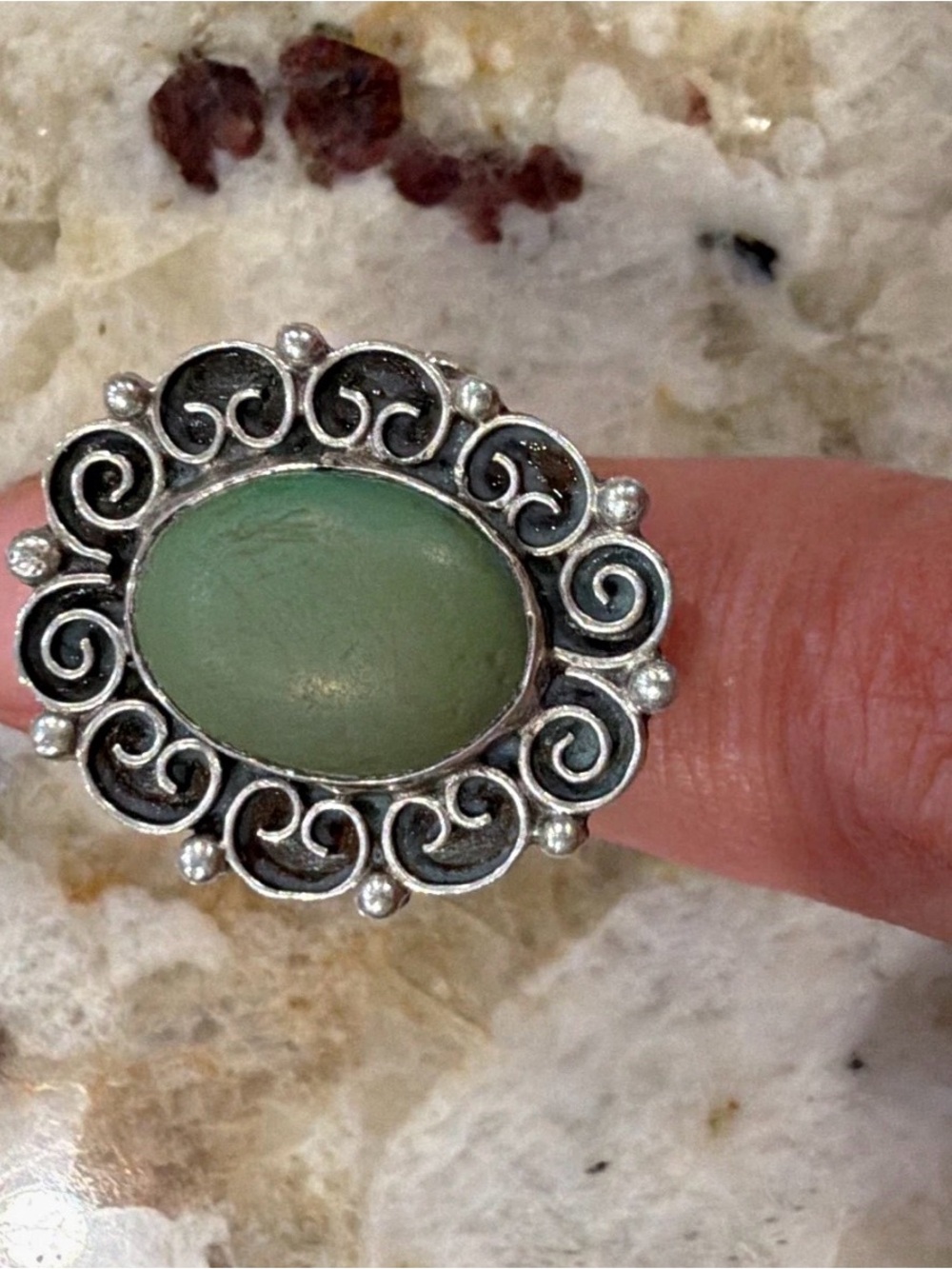Mexico stamped 925 with artist Juarez Silver Filigree Ring with jade Oval Stone